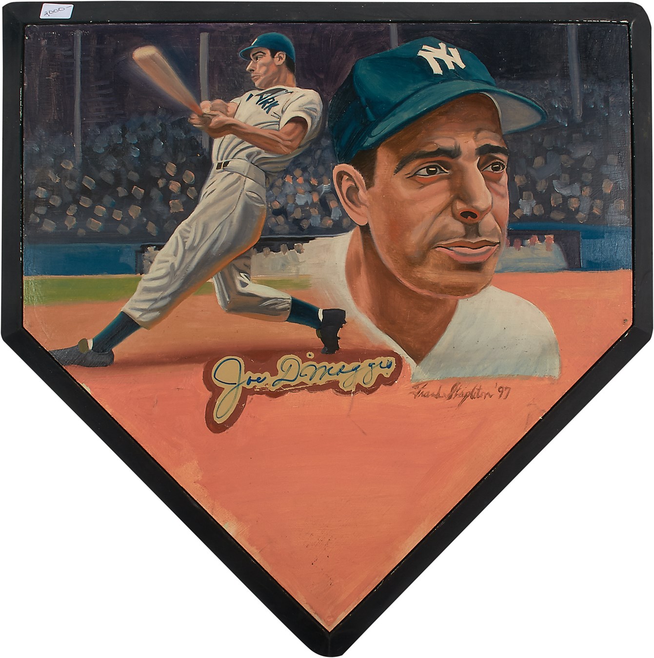 NY Yankees, Giants & Mets - Joe DiMaggio Signed Oil Painting on Home Plate by Frank Stapleton (JSA)
