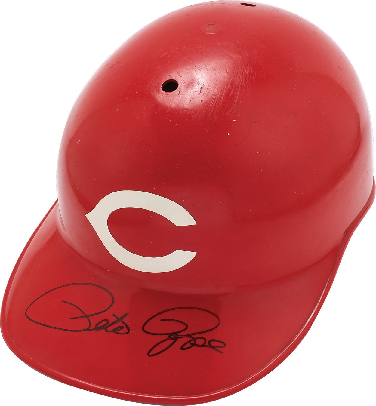 - 1970s Pete Rose Autographed Game Worn Reds Helmet with Repair