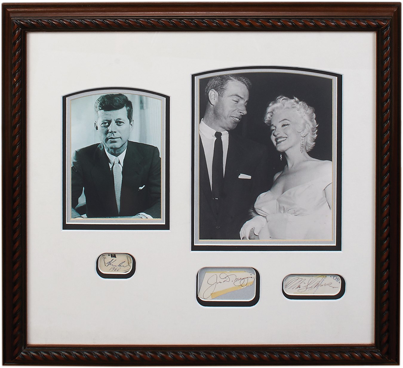 - John F. Kennedy, Marilyn Monroe & Joe DiMaggio Signed Display (PSA)