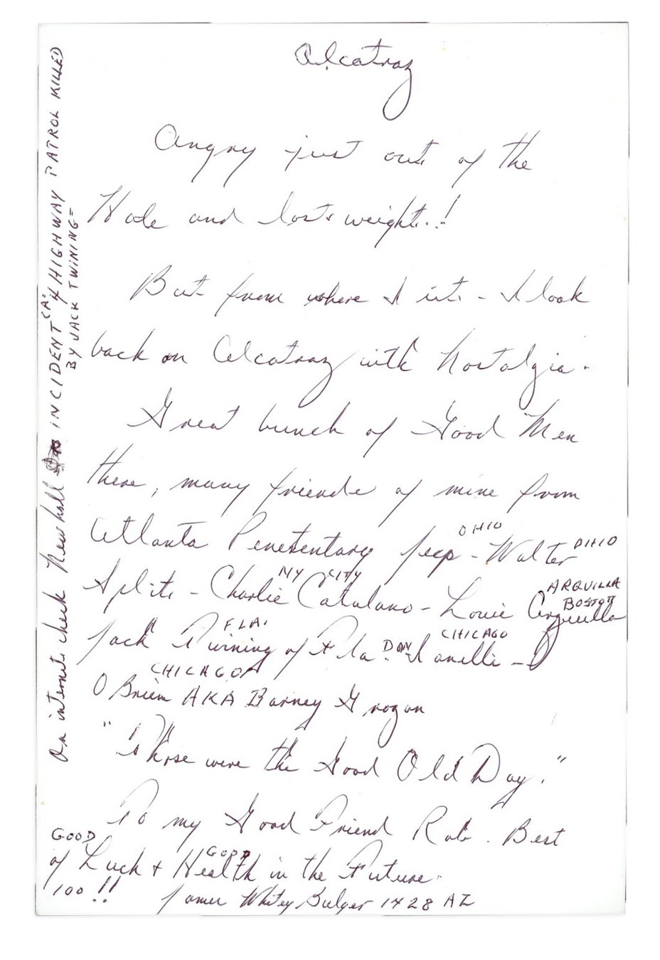 - Chilling James "Whitey" Bulger Signed Handwritten Letter with Alcatraz Content (PSA/DNA)