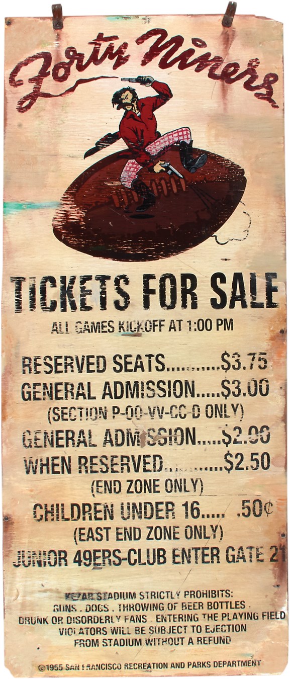 - 1955 San Francisco 49ers Kezar Stadium Handpainted Wood Ticket Sign