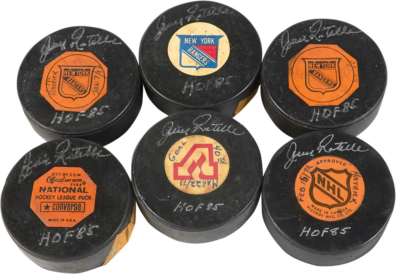 The Great Jean Ratelle Hockey Collection - Jean Ratelle Significant NHL Goal Pucks (6)