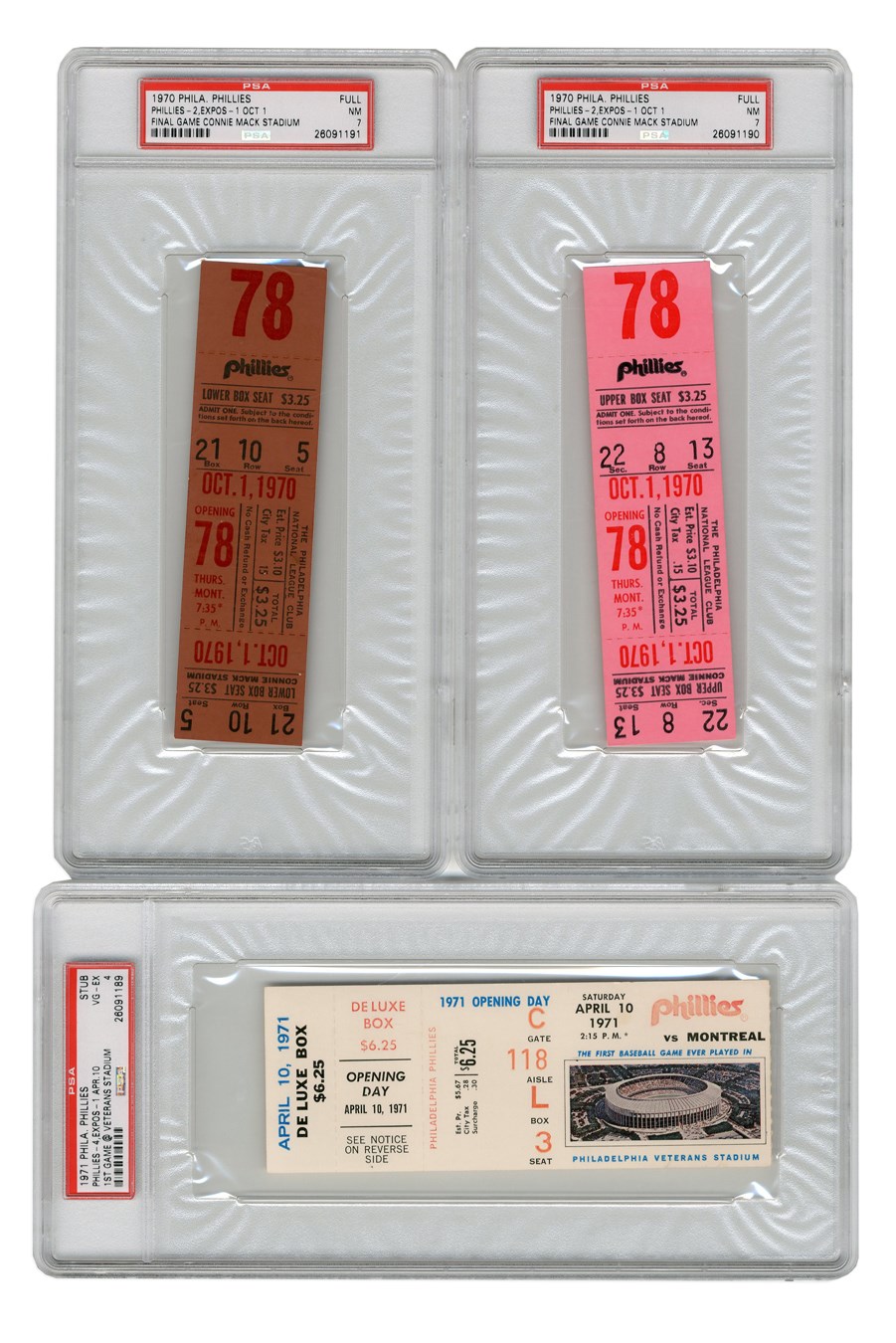 - High Grade 1970 & 1971 First & Last Games at Connie Mack & Veterans Stadiums Full Tickets PSA/DNA 7 (3 pieces)