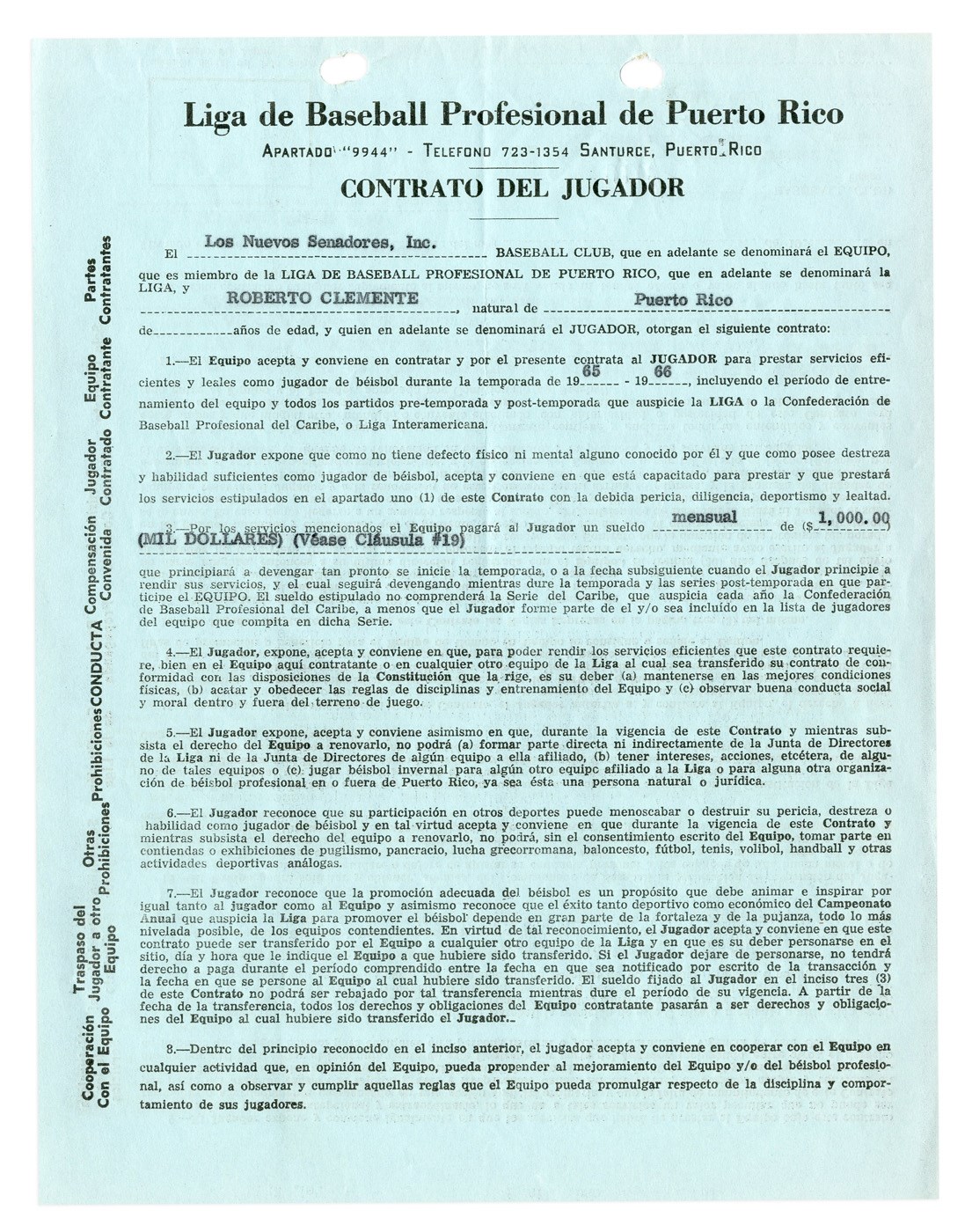 - 1965-66 Roberto Clemente Signed San Juan Senators Contract