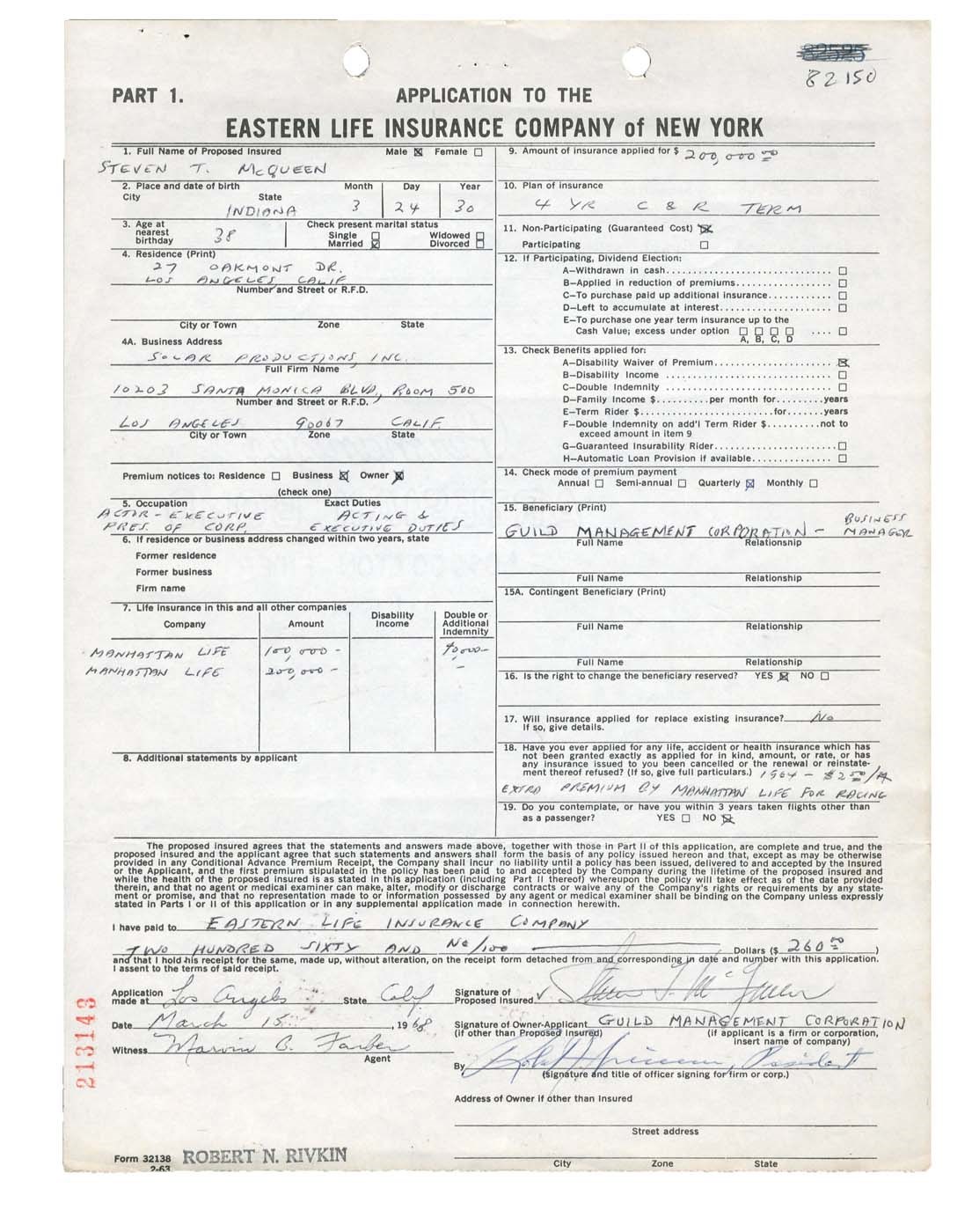 Steve McQueen Signed $200,000 Life Insurance Document w/Rare Full Signature (PSA)