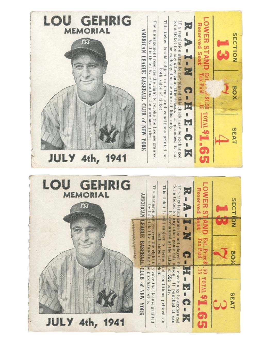 Ruth and Gehrig - 1941 Lou Gehrig Memorial July 4th Ticket Stubs (2)