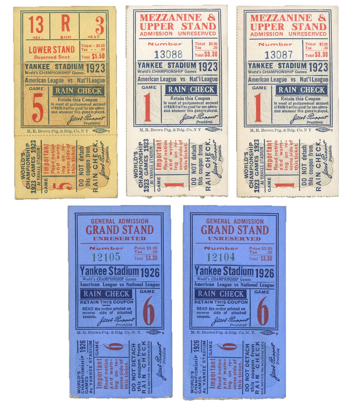 NY Yankees, Giants & Mets - 1923 & 1926 New York Yankees World Series Tickets (5)