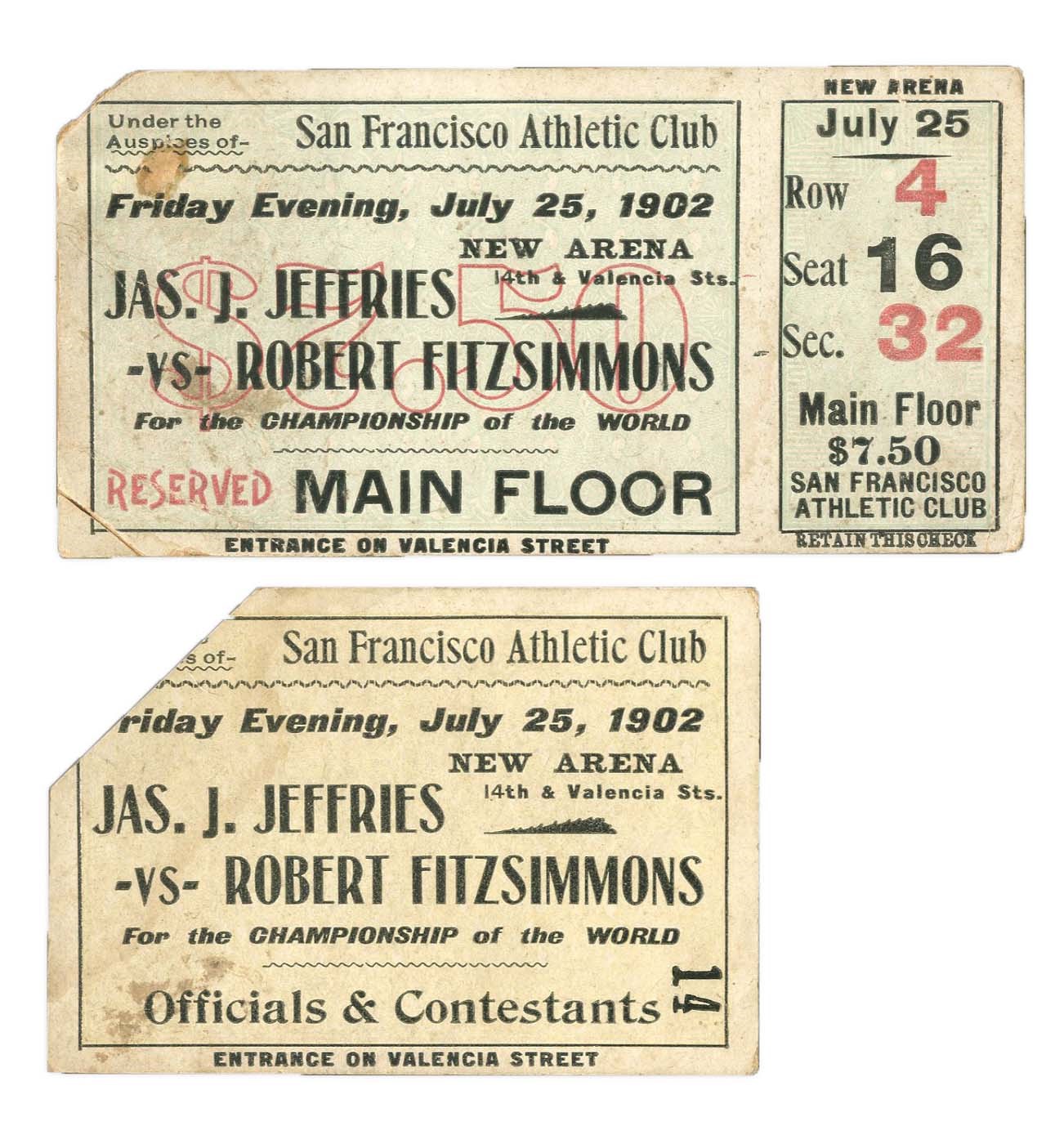 Muhammad Ali & Boxing - Pair Of 1902 James Jeffries v. Rob Fitzsimmons Boxing Tickets