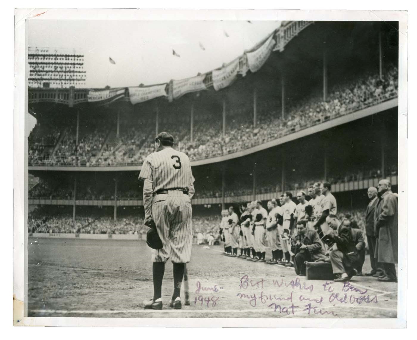 Ruth and Gehrig - 1948 "Babe Bows Out" Type I Photo Signed by Nat Fein (PSA)
