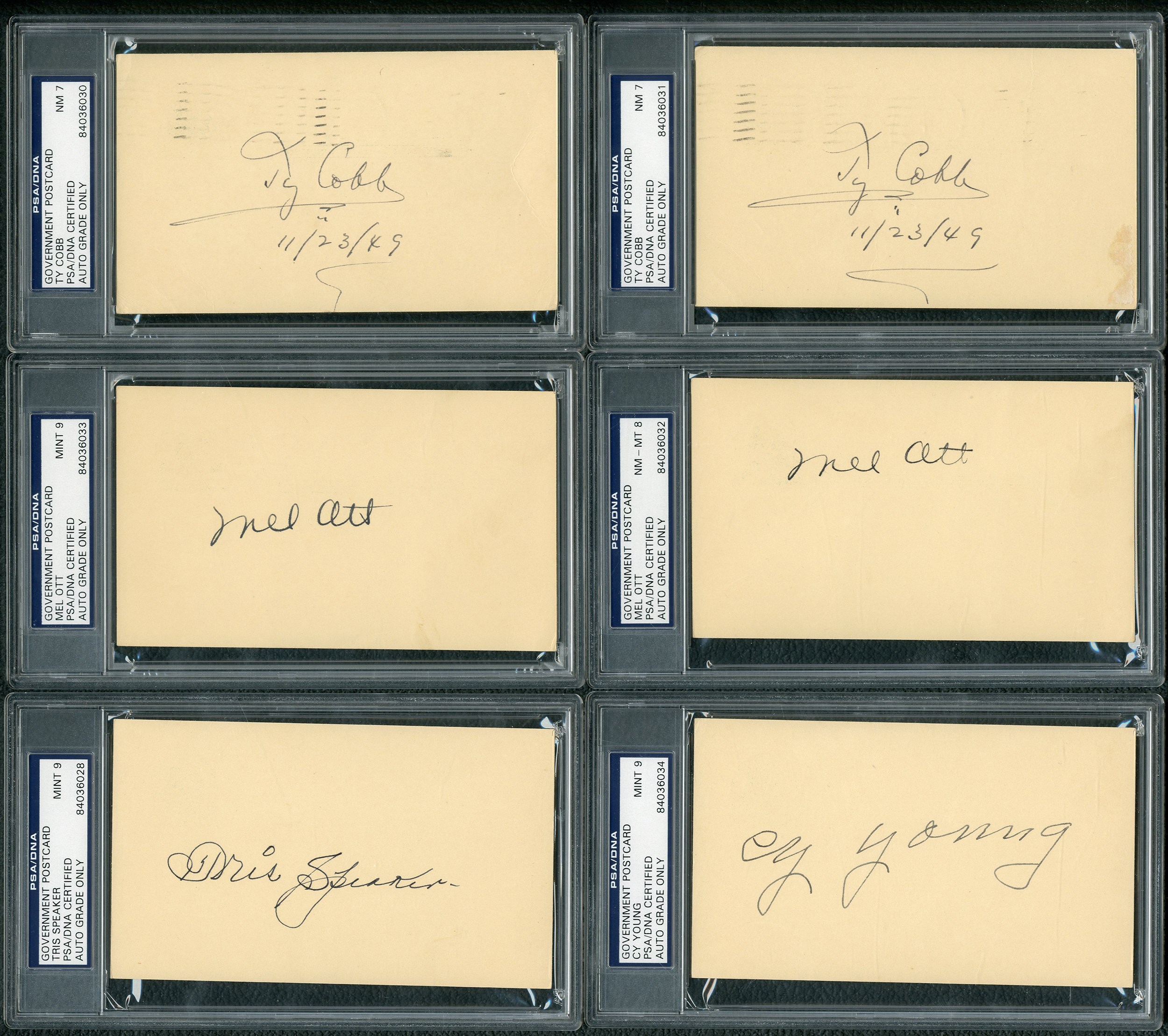 Baseball Autographs - 1940s-50s Signed Postcards & Photographs w/Young, Cobb (2), Ott (2) & Foxx (70) PSA Graded