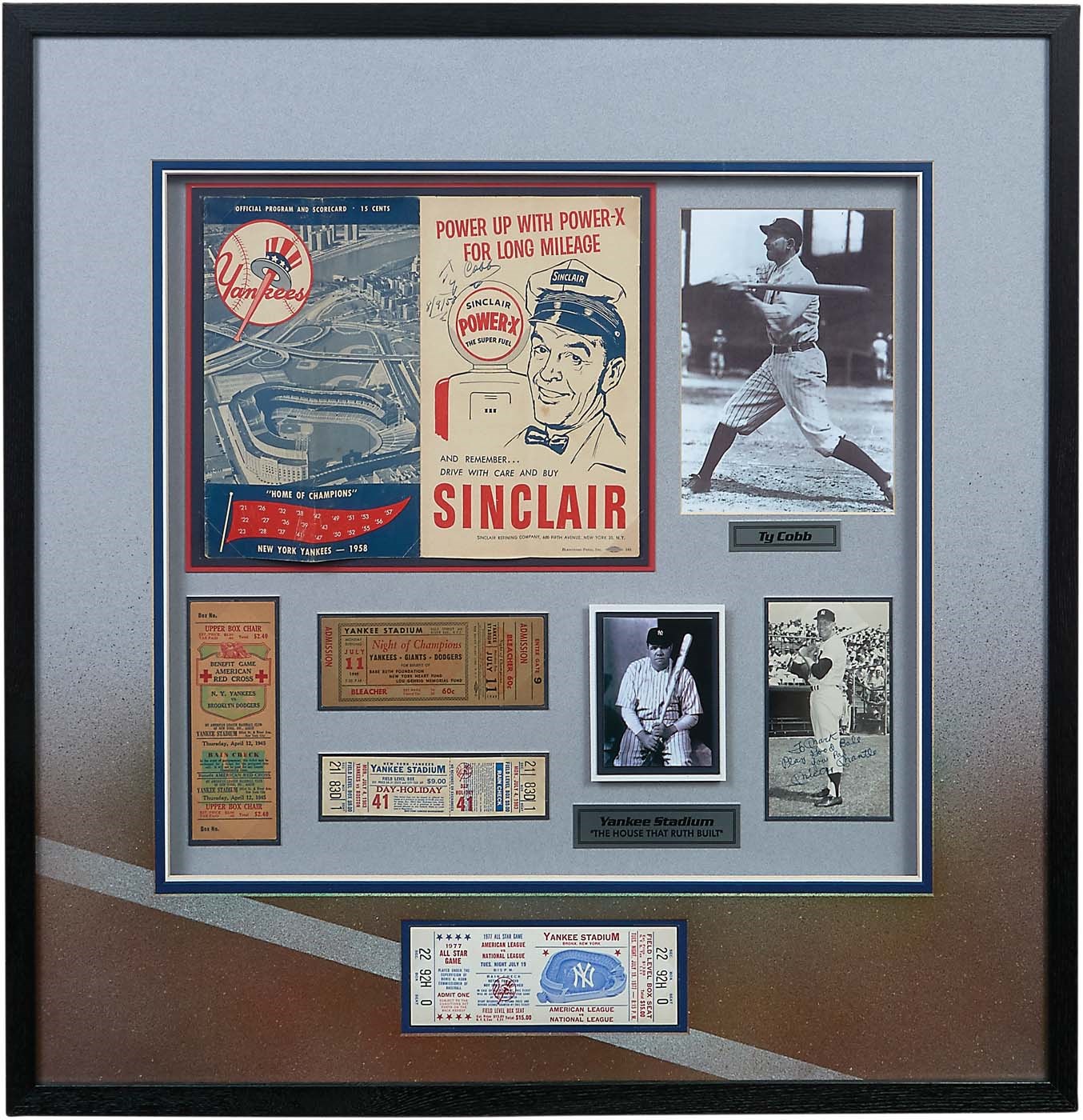 Baseball Autographs - 1958 Ty Cobb & Mickey Mantle Signed Display w/Rare Tickets (PSA)