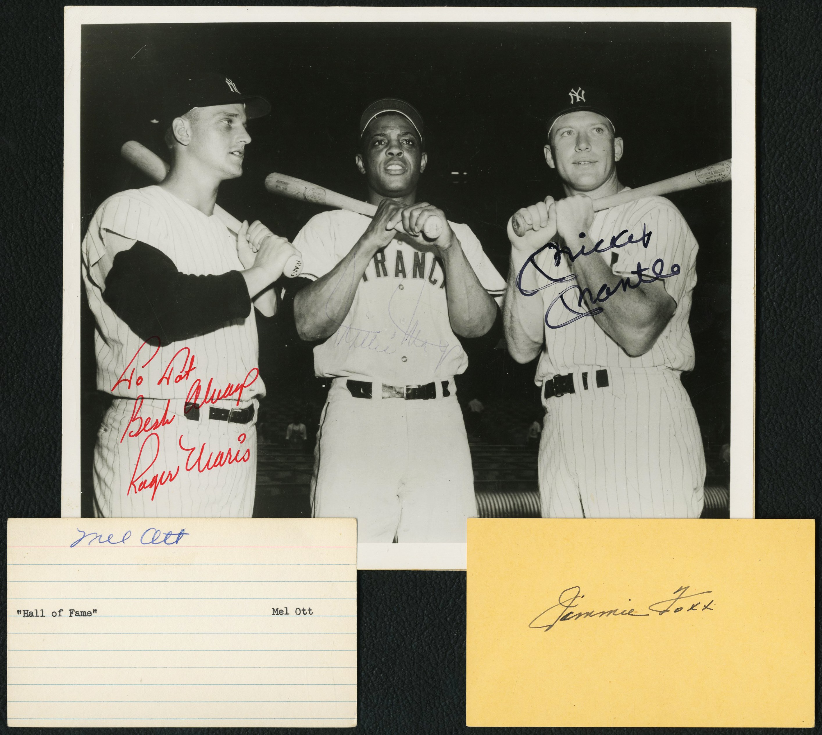 Baseball Autographs - High Grade Foxx & Ott Signed Postcards w/Maris, Mantle Signed Photo (PSA)