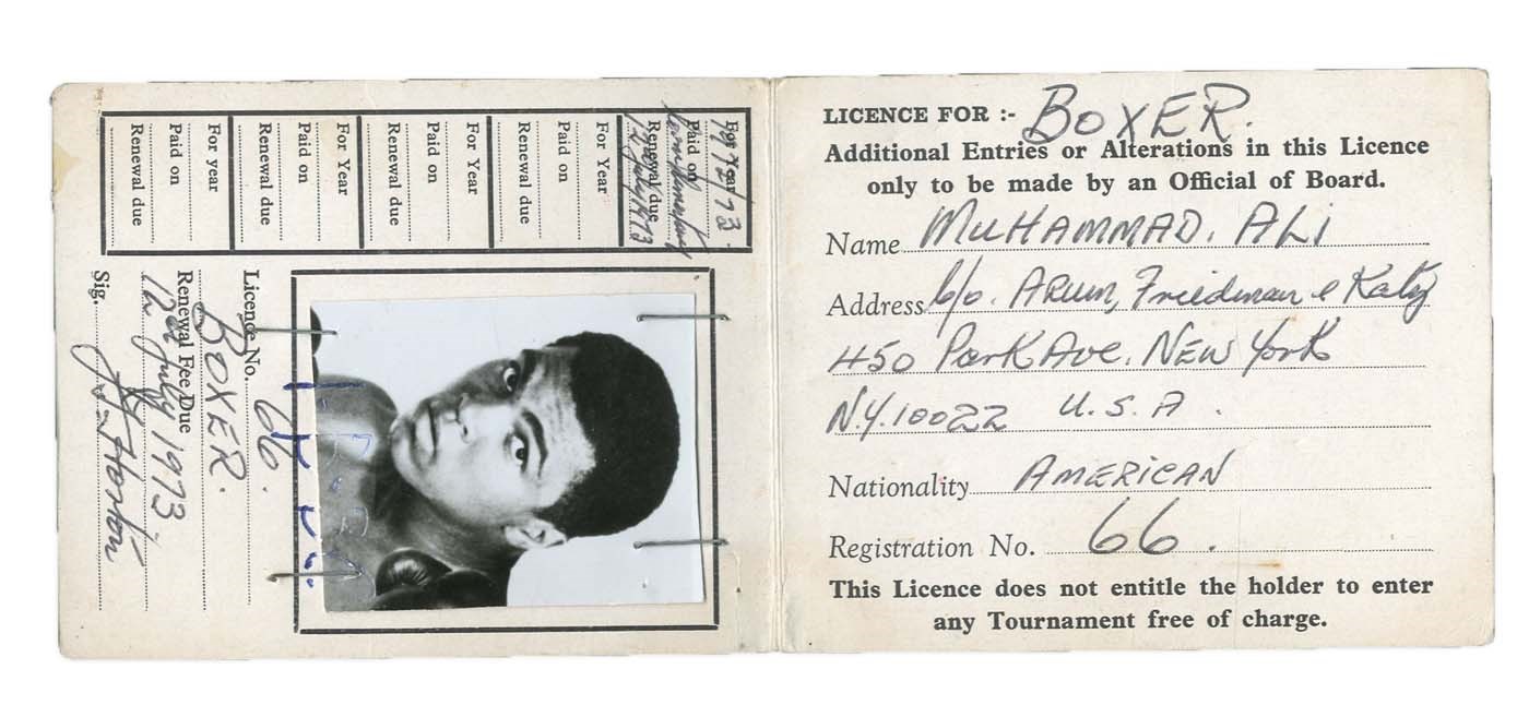 1973 Muhammad Ali Boxing License for Al "Blue" Lewis Fight