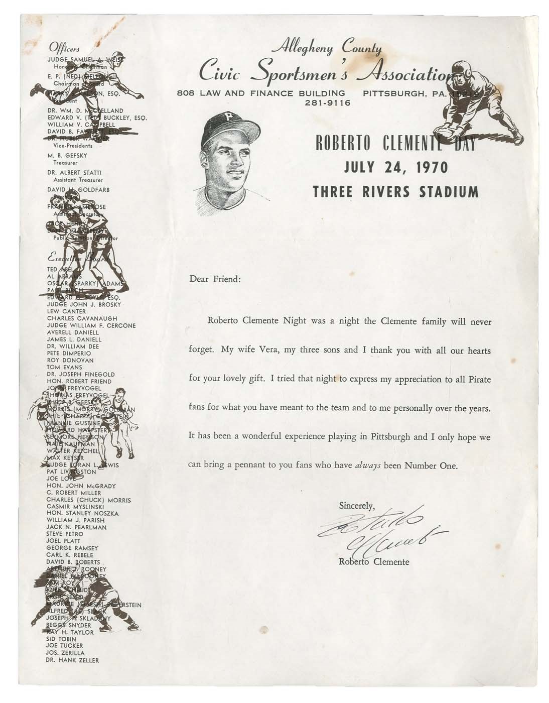 Clemente and Pittsburgh Pirates - 1970 Roberto Clemente Day Signed Letter (PSA)