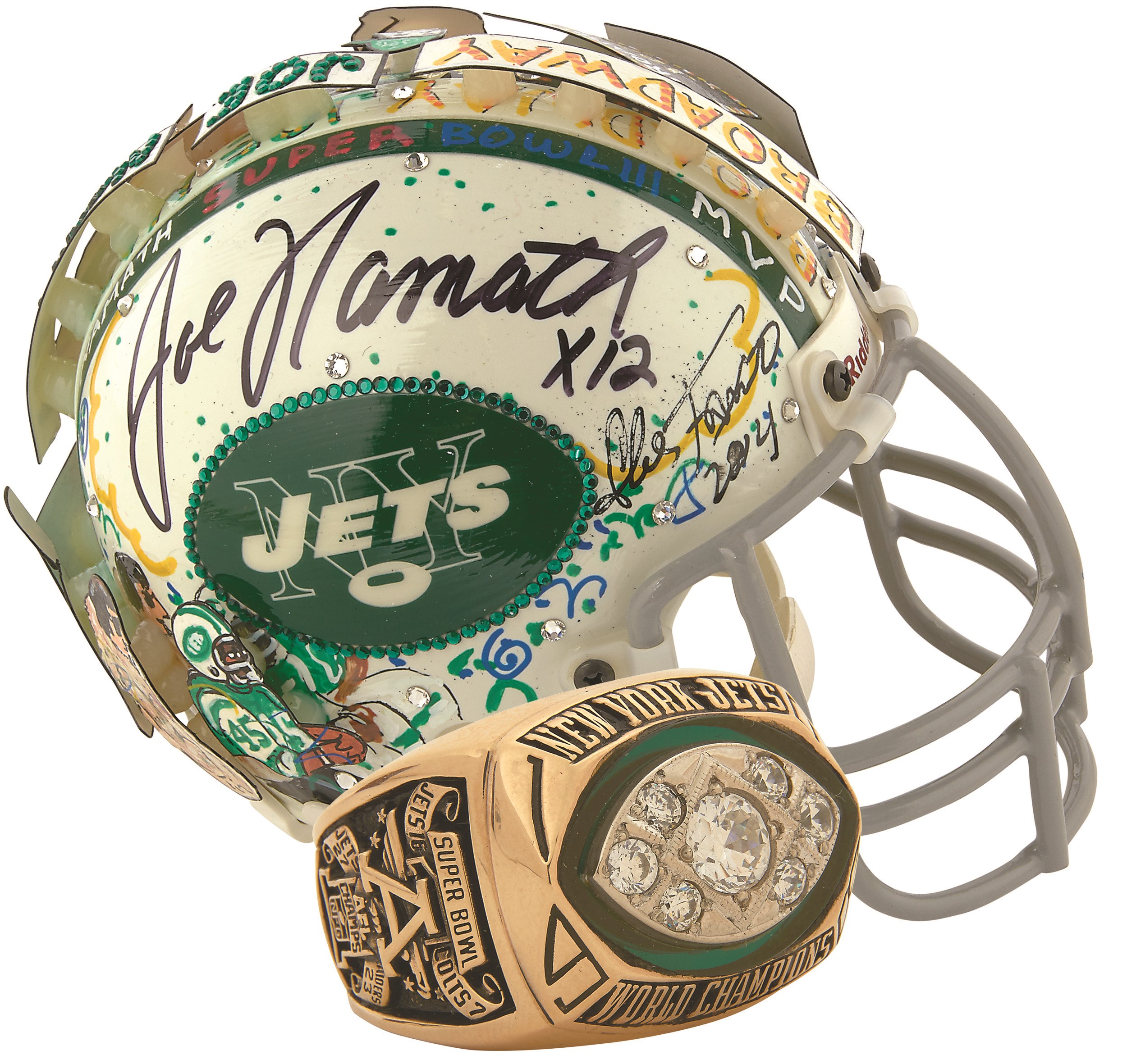 - Joe Namath 1969 Super Bowl III Sample Ring & Signed Charles Fazzino Helmet