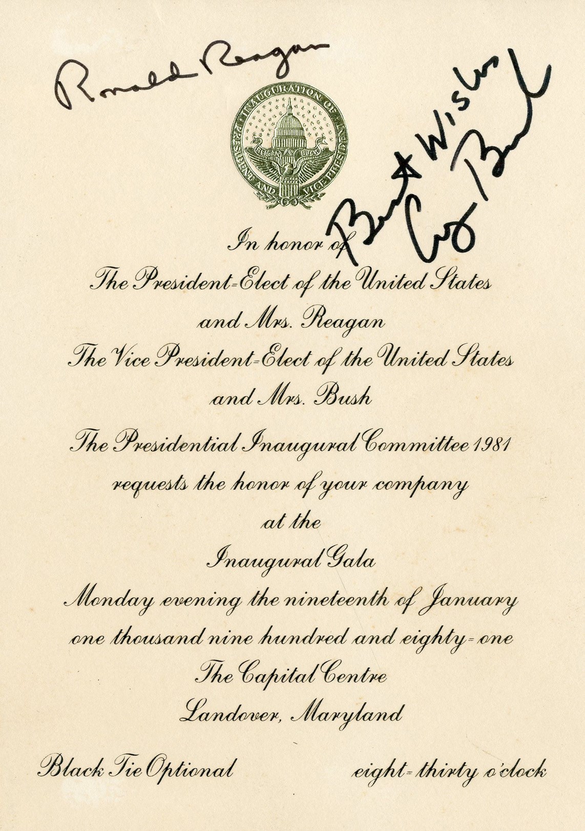 - President Ronald Reagan & VP George Bush signed 1981 Inaugural Gala Invitation (PSA)