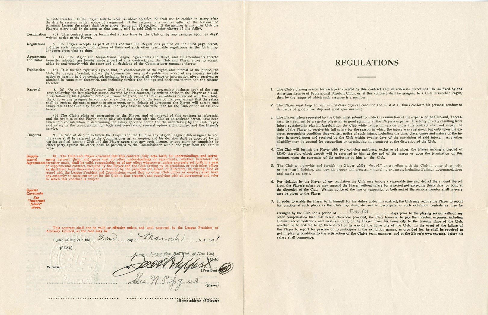 - 1931 George Pipgras NY Yankees Contract (PSA)