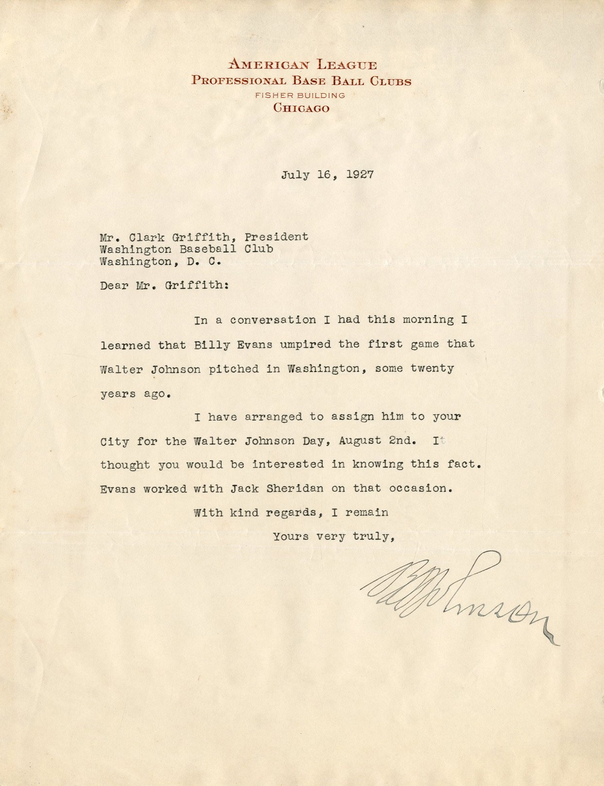 Baseball Autographs - 1927 Ban Johnson Signed Walter Johnson Day Letter to Clark Griffith (PSA)