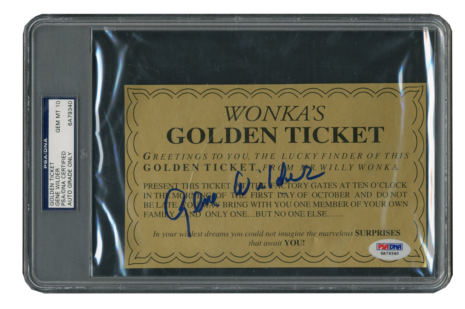 - Willy Wonka Golden Ticket Signed By Gene Wilder (PSA GEM MT 10)