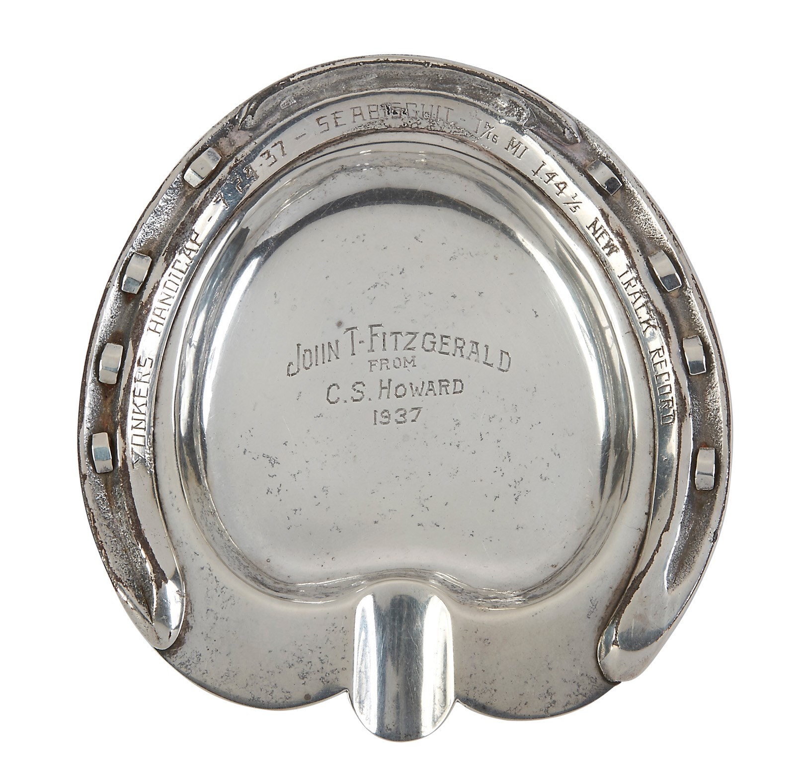 1937 Seabiscuit Race-Worn Horseshoe Silver Ashtray Gifted by C.S. Howard