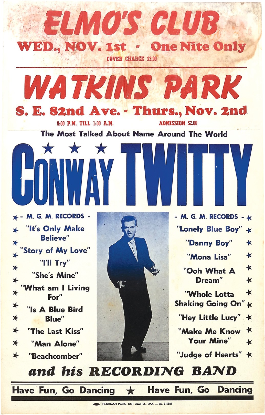 Rock 'N' Roll - 1961 Conway Twitty Boxing Style Concert Poster