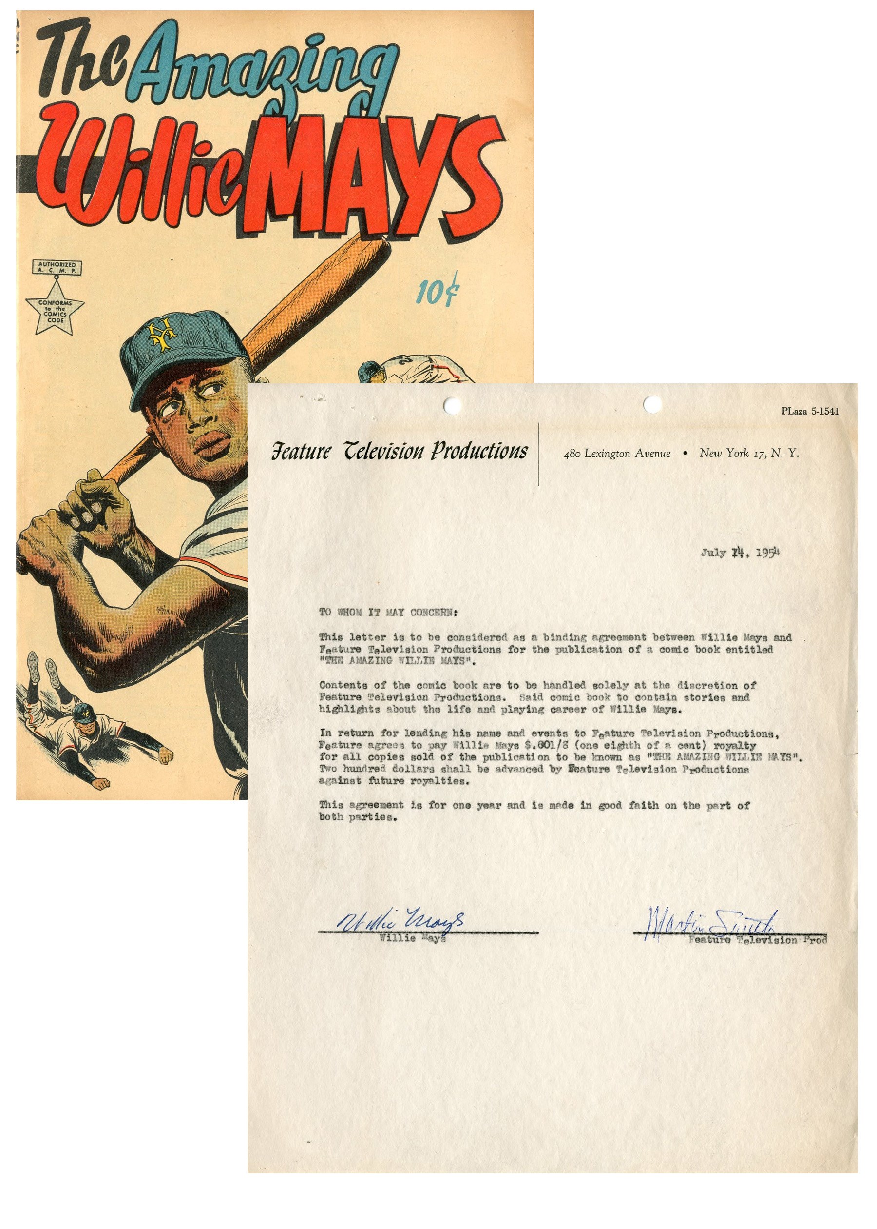 NY Yankees, Giants & Mets - 1954 Willie Mays Signed "The Amazing Willie Mays" Comic Book Contract (PSA)