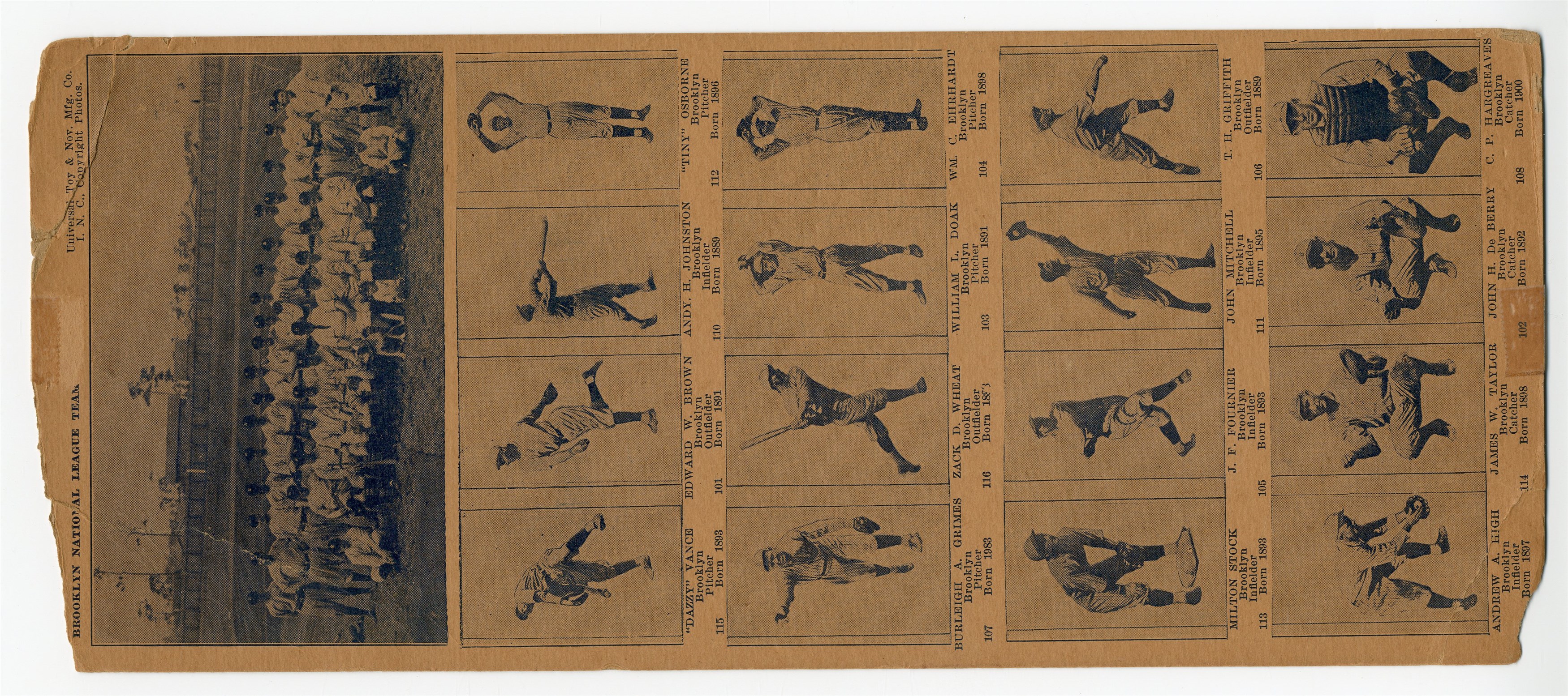 1925 W504 Universal Toy and Novelty Brooklyn Dodgers Uncut Sheet