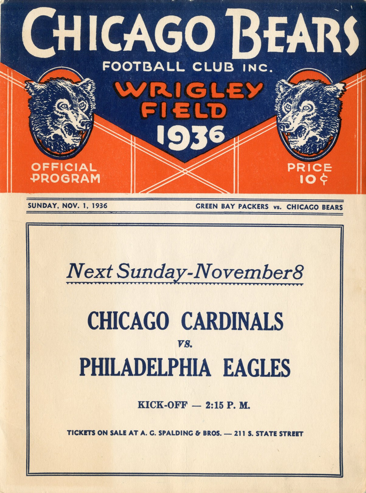 1936 Chicago Bears vs. Green Bay Packers Program