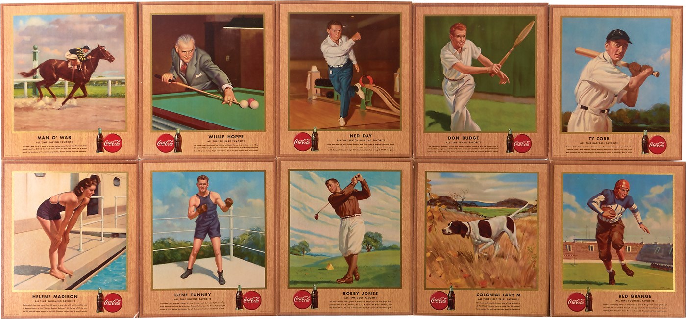 - 1947 Coca-Cola Famous Sports Legends Cardboard Advertising Sign Complete Set (10 w/Original Mailing Envelope)