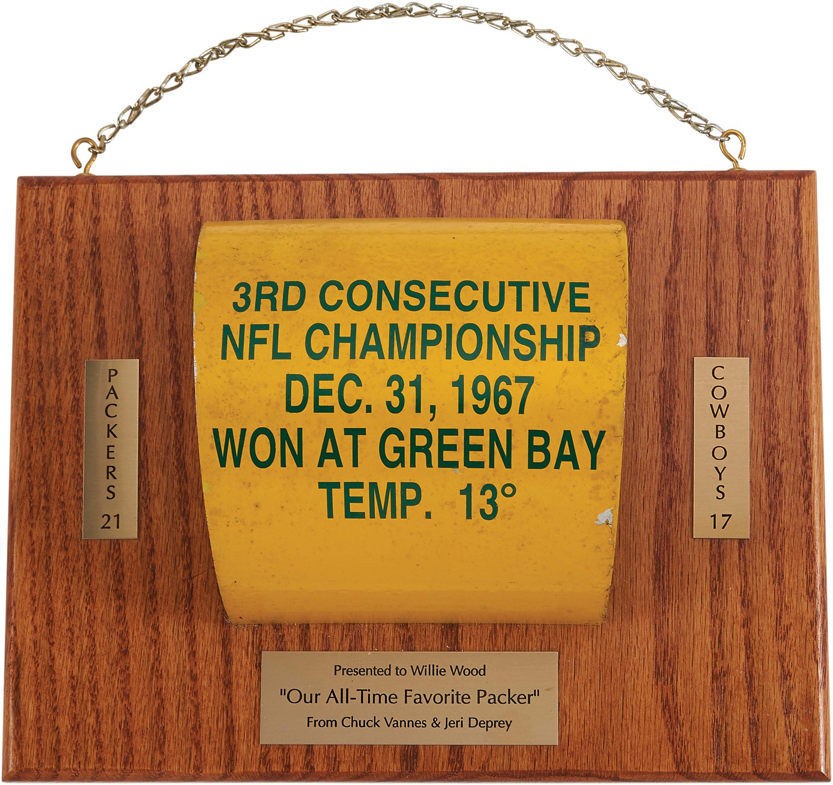 - 1967 Ice Bowl Game Goalpost Section Presented to Willie Wood