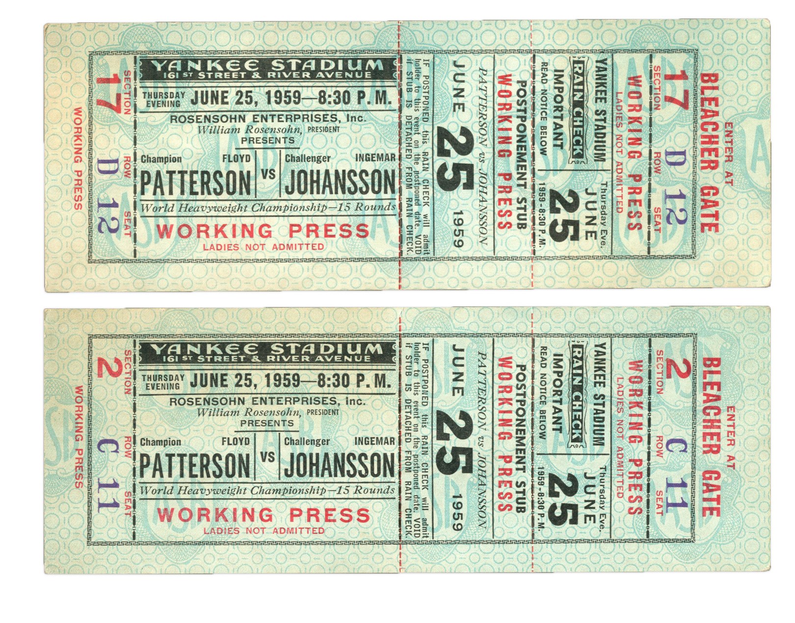 - Pair of 1959 Floyd Patterson v. Ingemar Johansson I Full Tickets