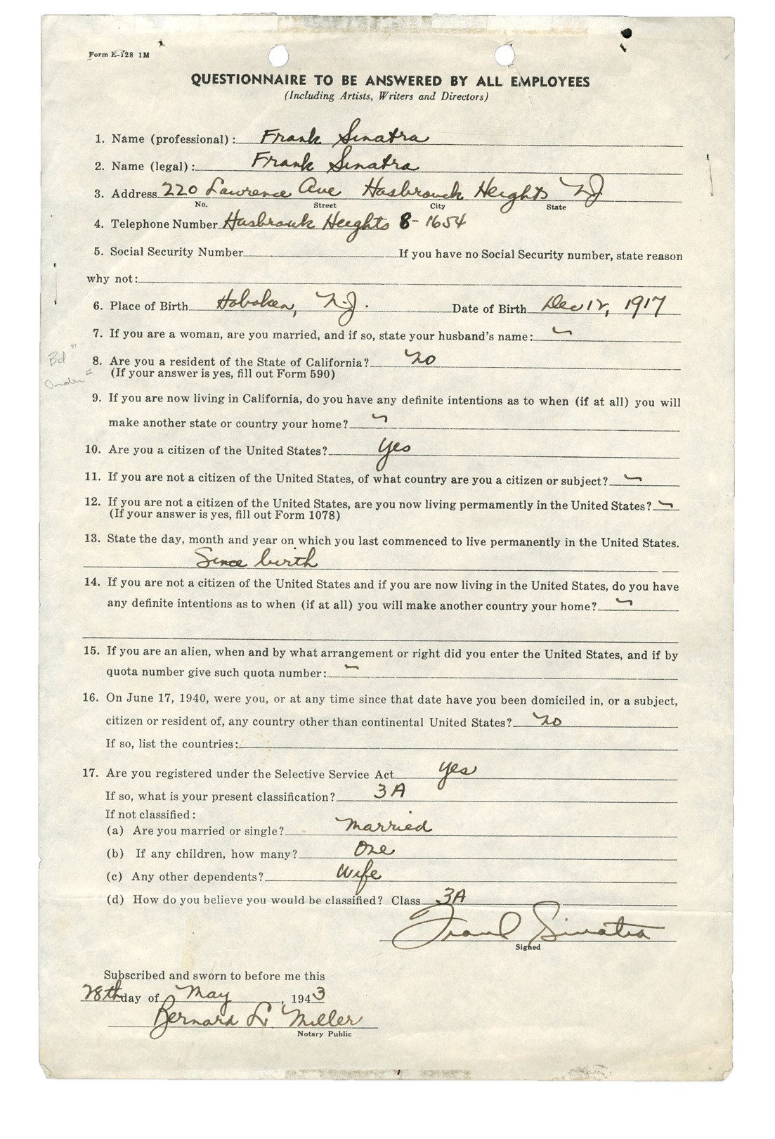 1943 Frank Sinatra Columbia Records Employee Questionnaire - Four Days Before Signing (JSA)