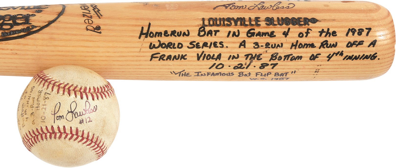 St. Louis Cardinals - 1987 World Series Tom Lawless Game Used "Bat Flip" Home Run Bat & Ball (Photo-Matched, Lawless LOA)