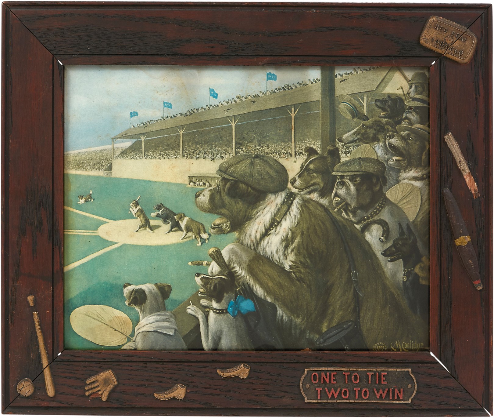- 1909 Dogs Playing Baseball Print in Original Tobacco Advertising Frame
