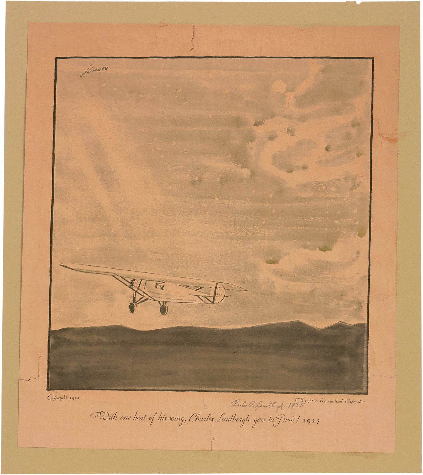 - 1927 Charles Lindbergh Spirit of St Louis Signed Print (PSA)