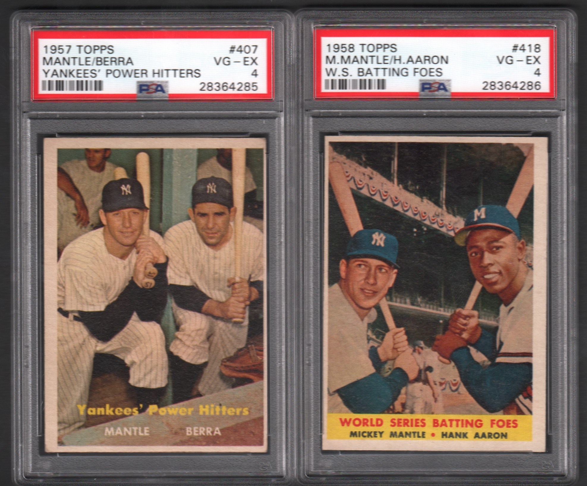 1957 and 1958 Topps Mickey Mantle Pair of PSA Graded Duo Cards