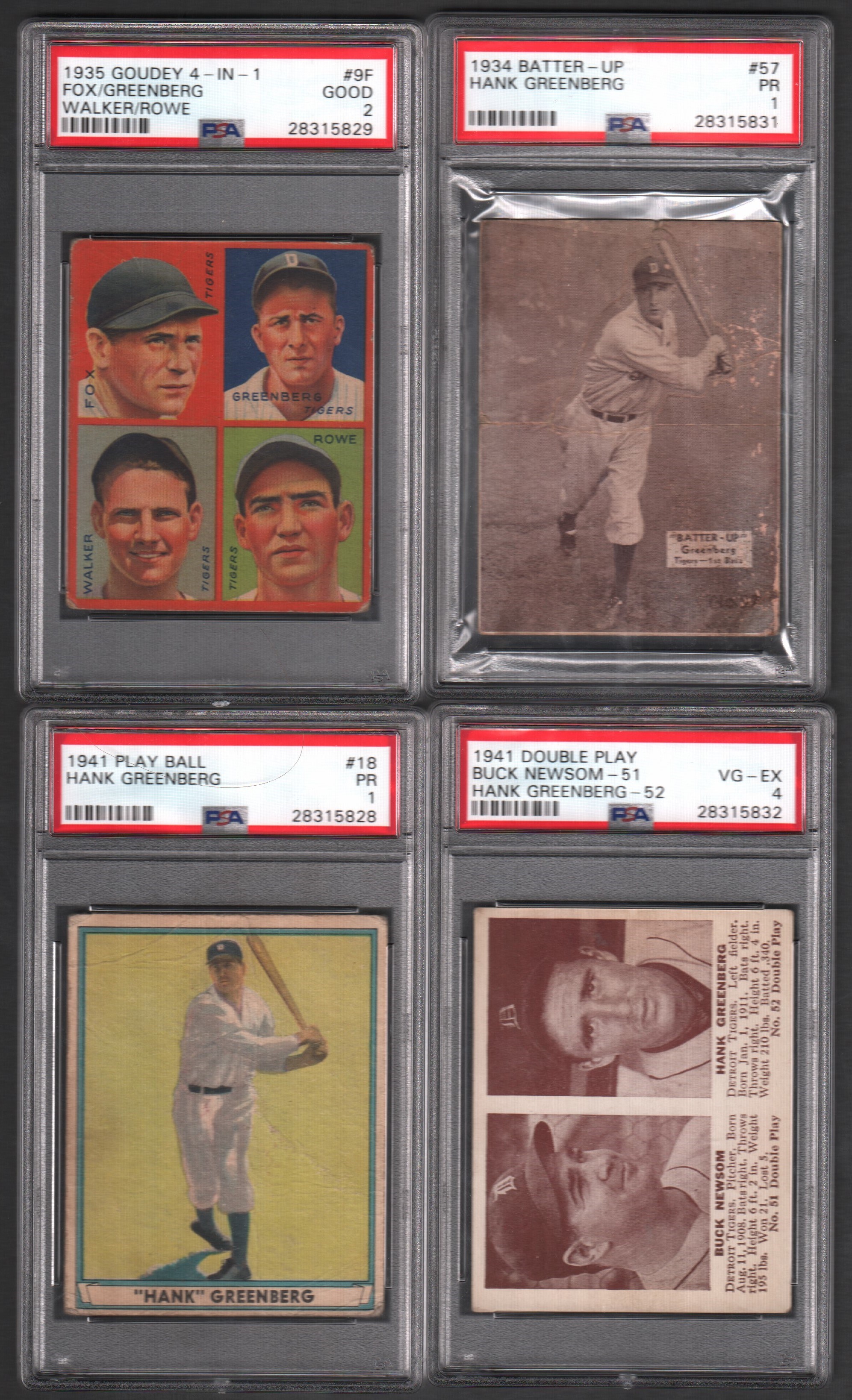 1934-41 Hank Greenberg Collection of FOUR PSA Graded Cards