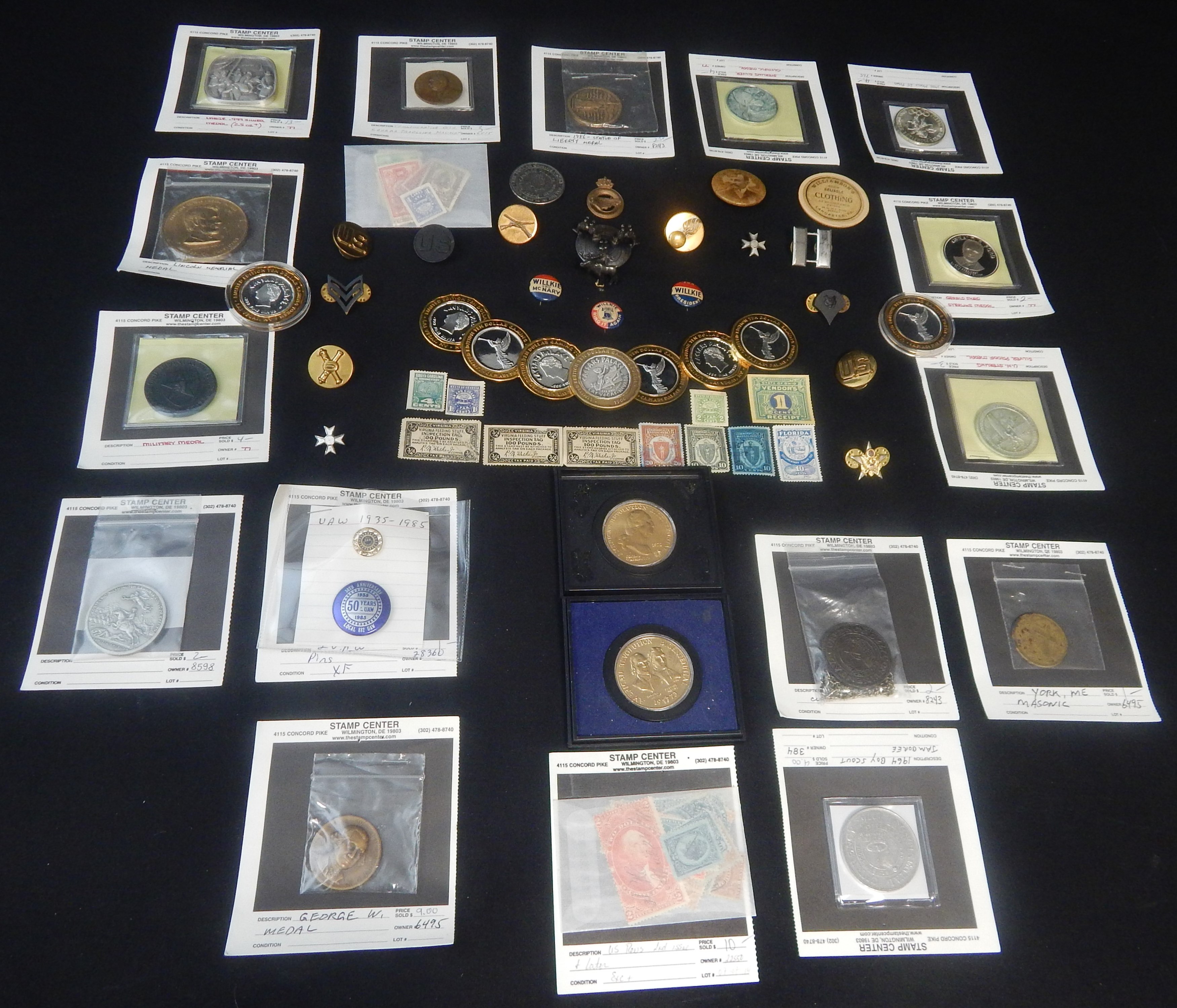 Collection of Old Silver Coins, Celluloid Pins, Stamps and More