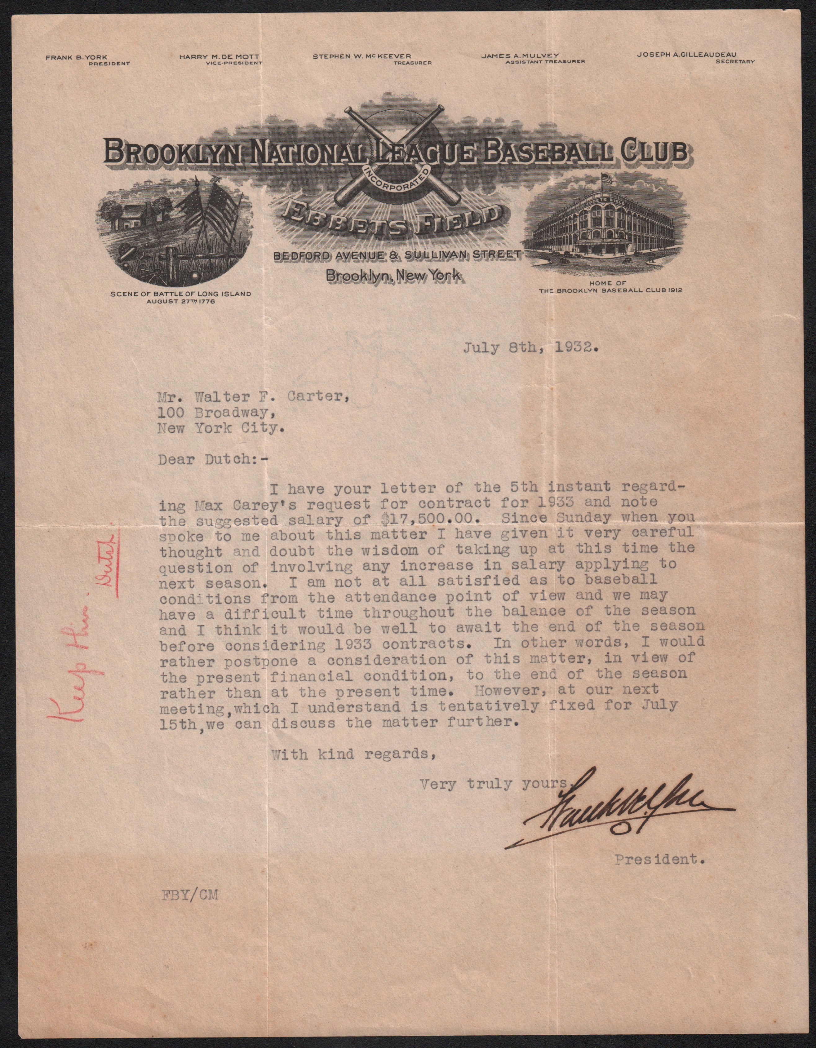 1932 Brooklyn Dodgers Letter with Great Content