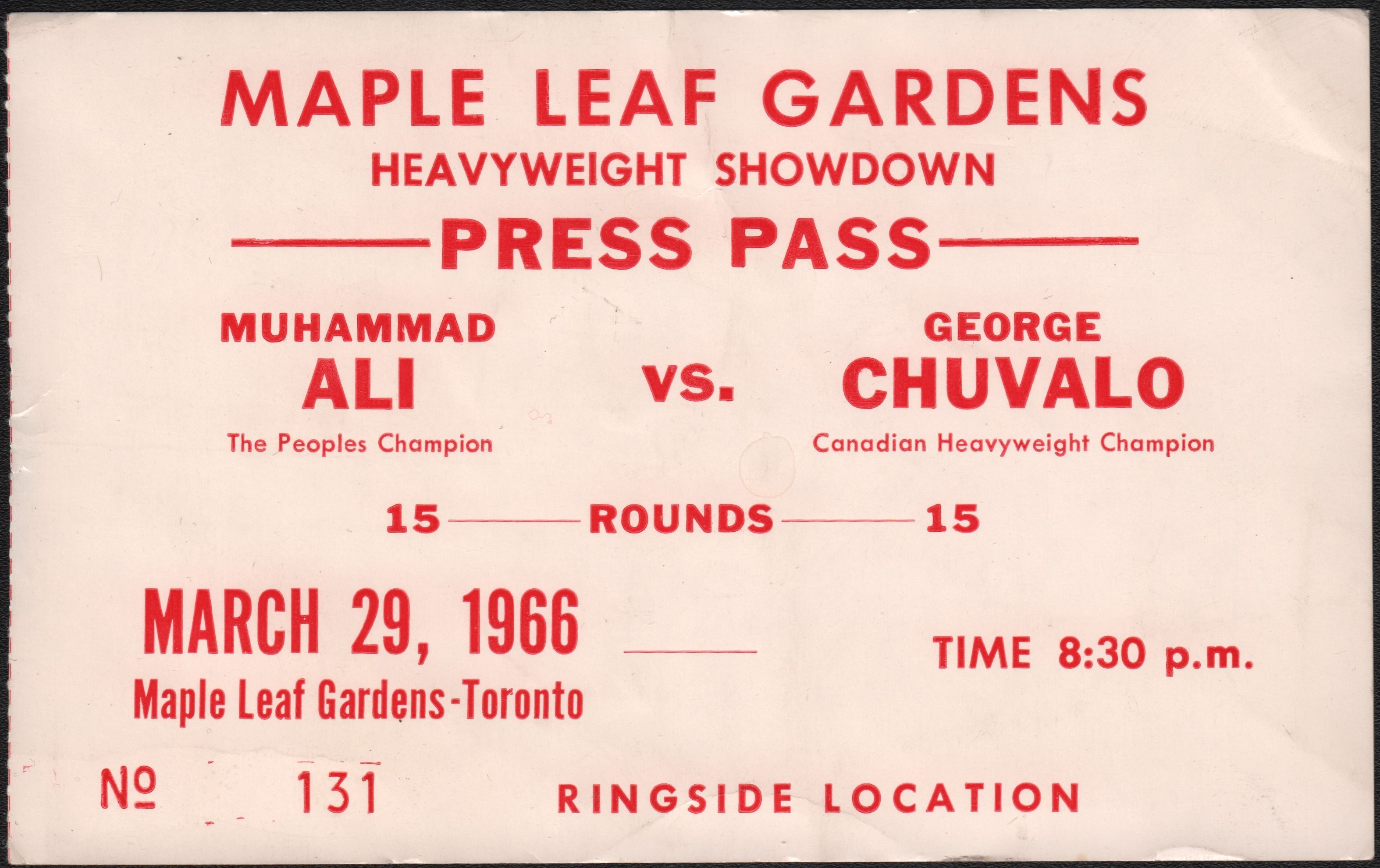 Muhammad Ali & Boxing - 1966 Ali vs Chuvalo Fight Press Pass