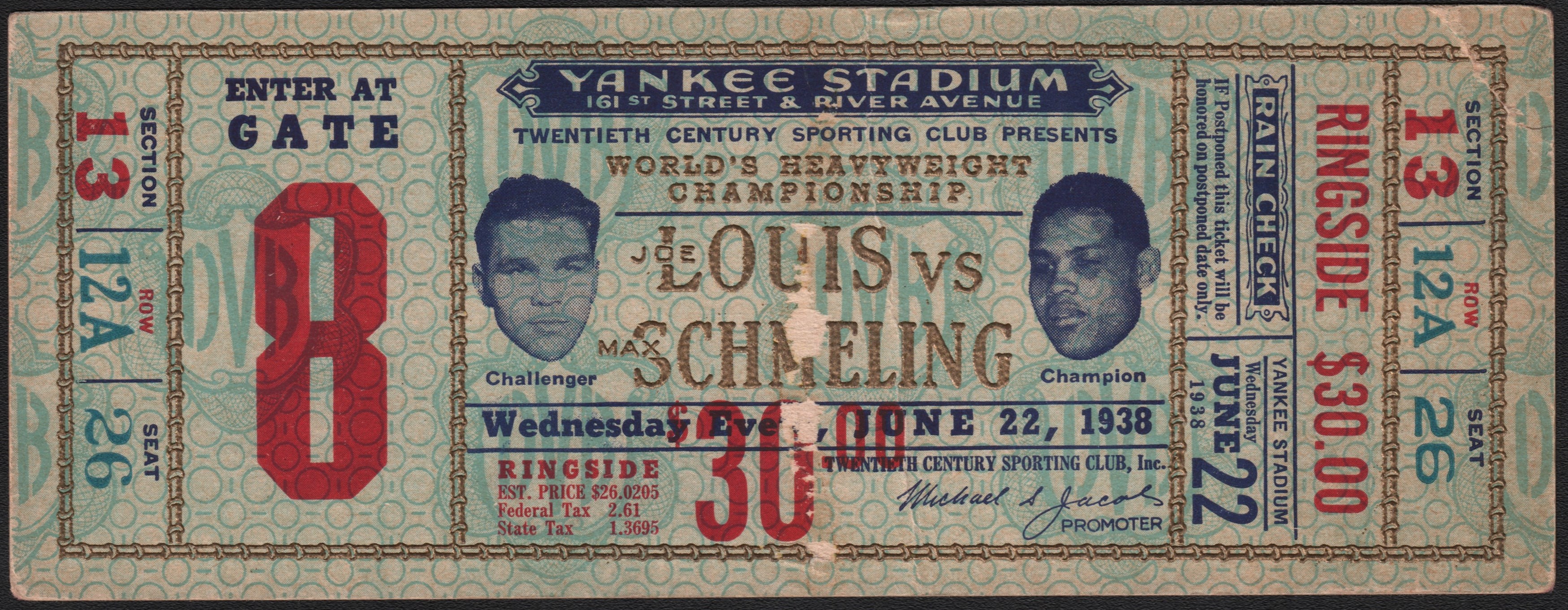 Muhammad Ali & Boxing - 1938 Louis vs Schmeling Full Ticket