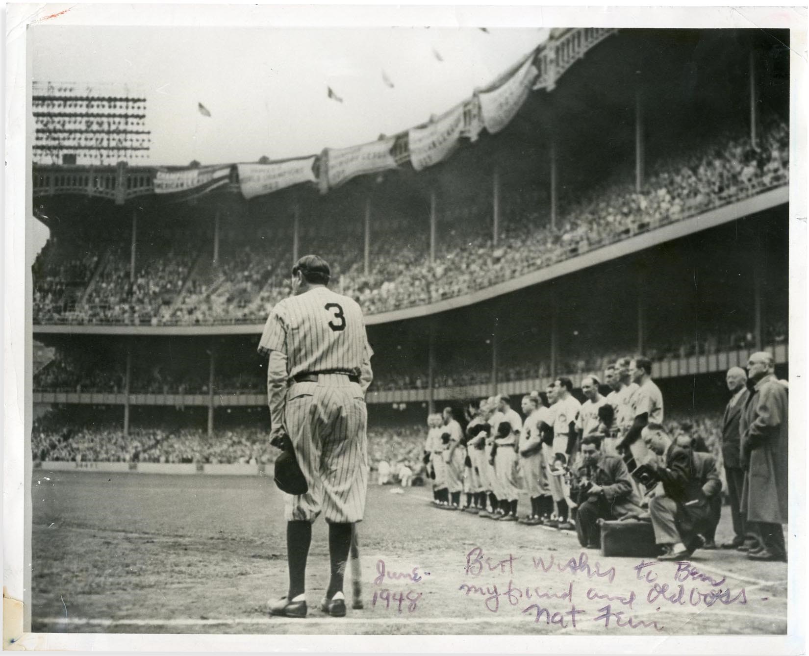 Ruth and Gehrig - 1948 "Babe Bows Out" Photo Signed by Nat Fein (PSA)