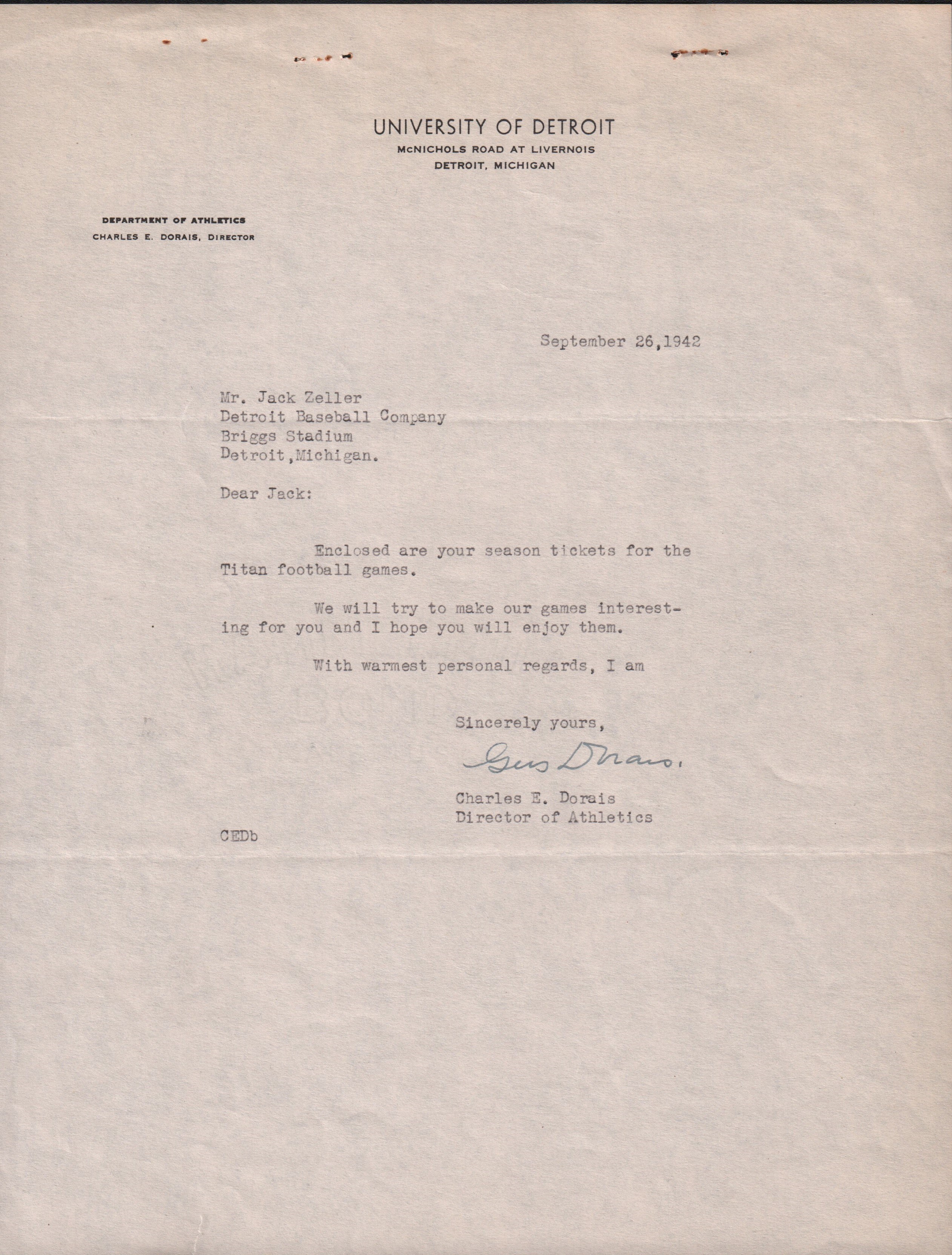 1942 Gus Dorais Signed Letter to Detroit Tigers GM (PSA/DNA)