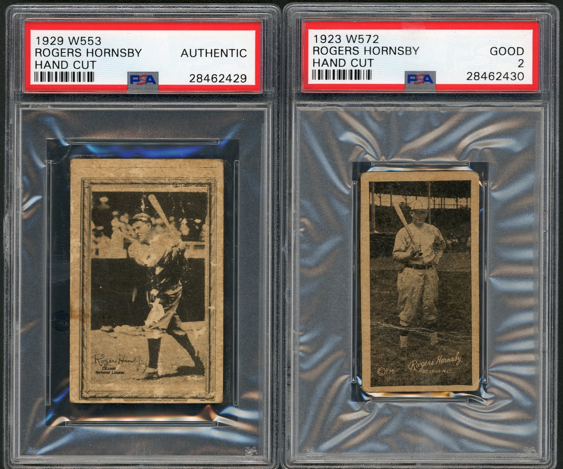 - 1923-1929 Rogers Hornsby Pair of Hand Cut Strip Cards
