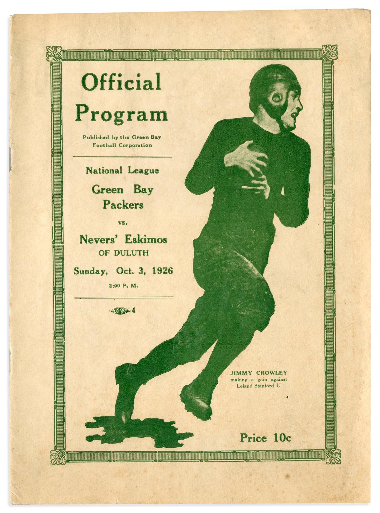 1926 Green Bay Packers vs. Duluth Eskimos 0-0 Tie Game Program