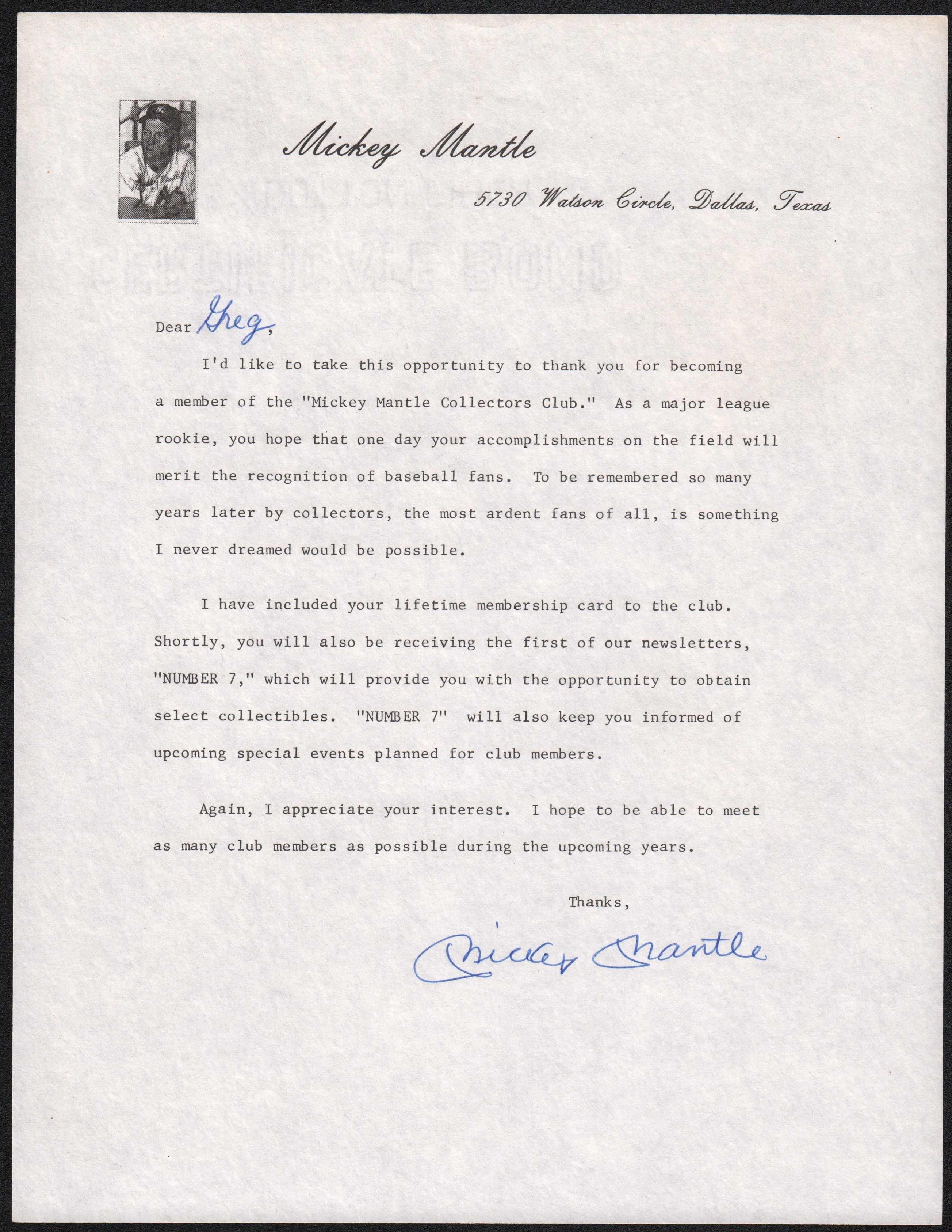 Mantle and Maris - Gorgeous 1985 Mickey Mantle Signed Letter w/Collectors Club Kit
