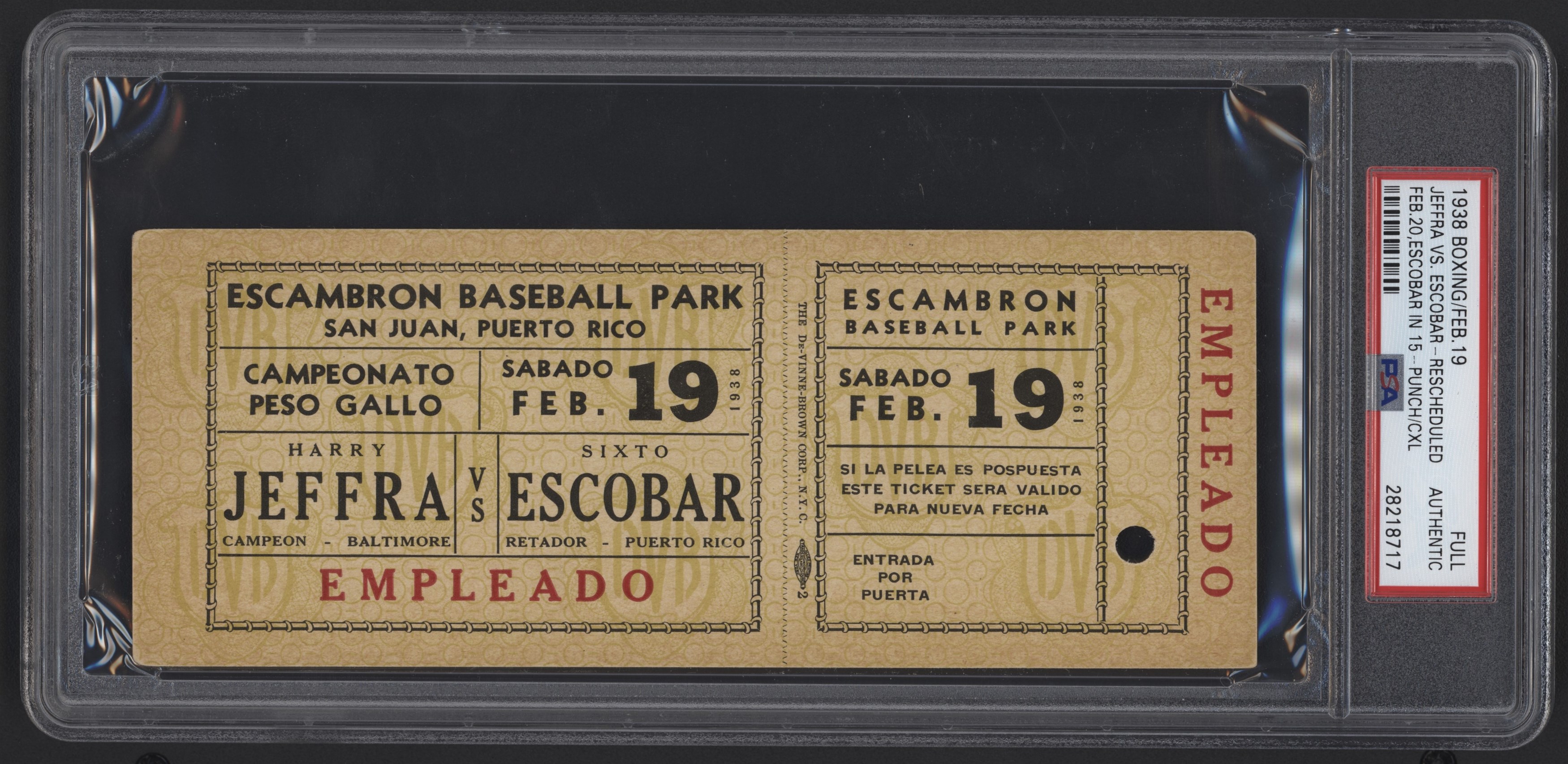 1938 Harry Jeffra vs. Sixto Escobar Full Ticket