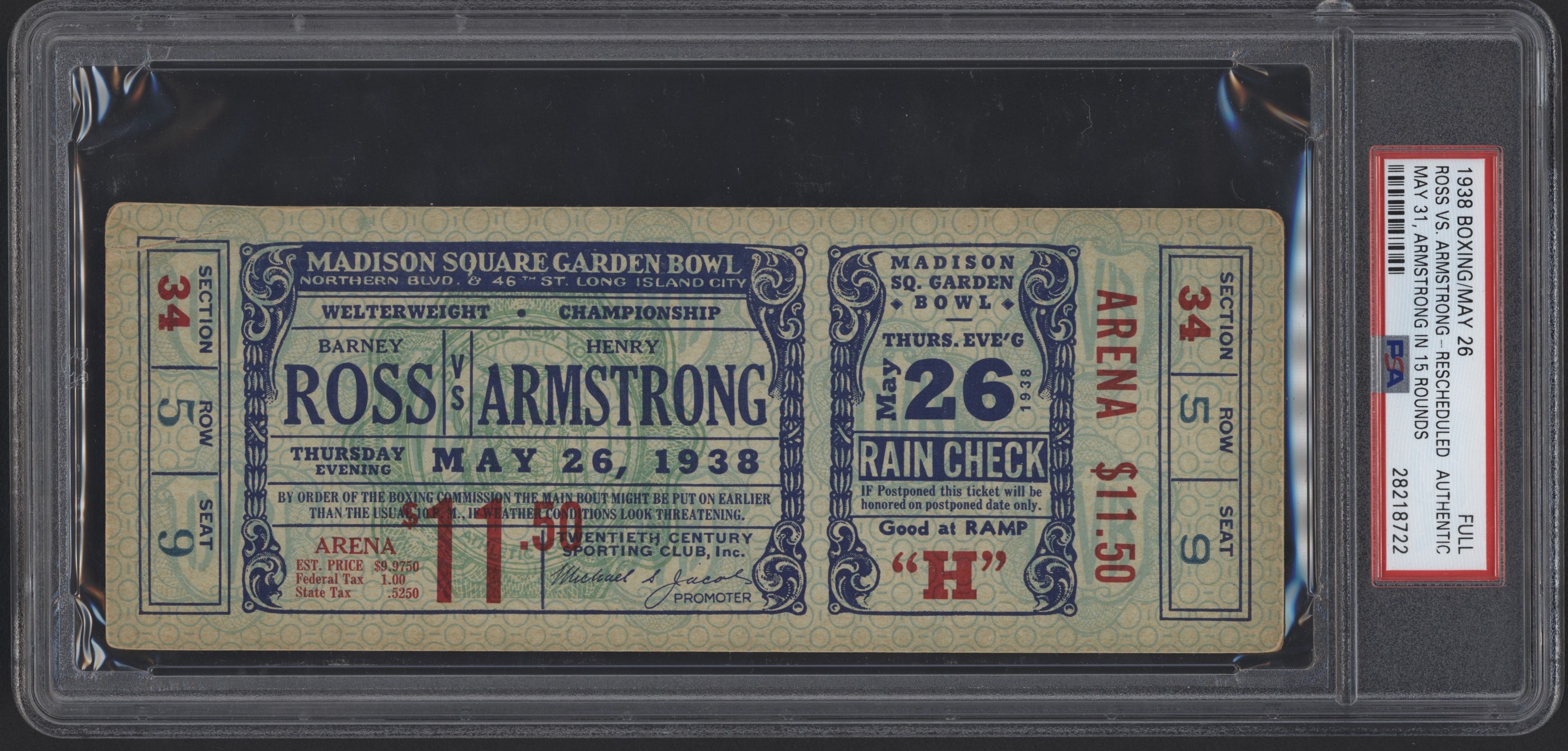 1938 Barney Ross vs. Henry Armstrong Full Ticket