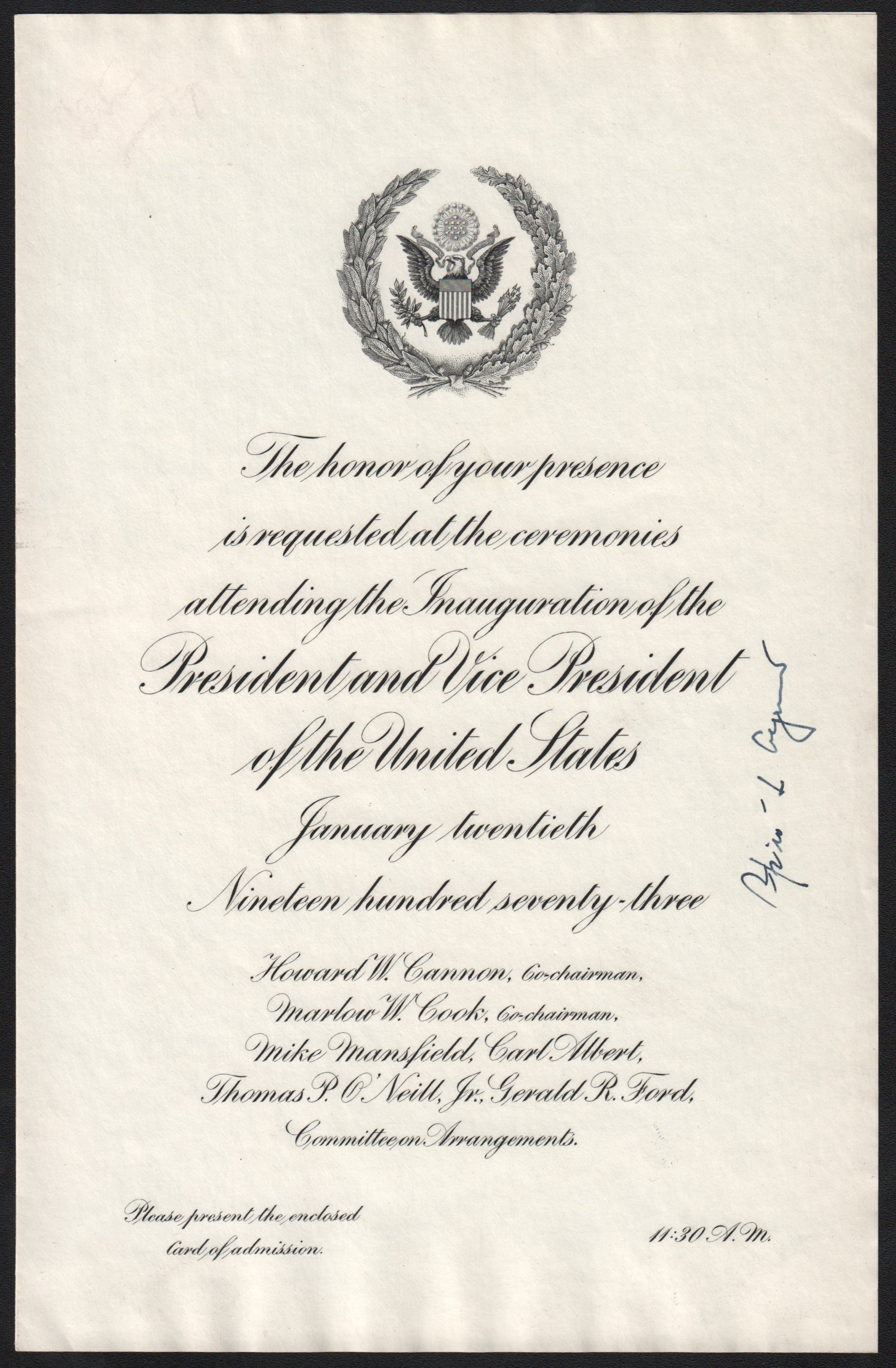 1973 Spiro Agnew Signed Presidential Inauguration Invitation