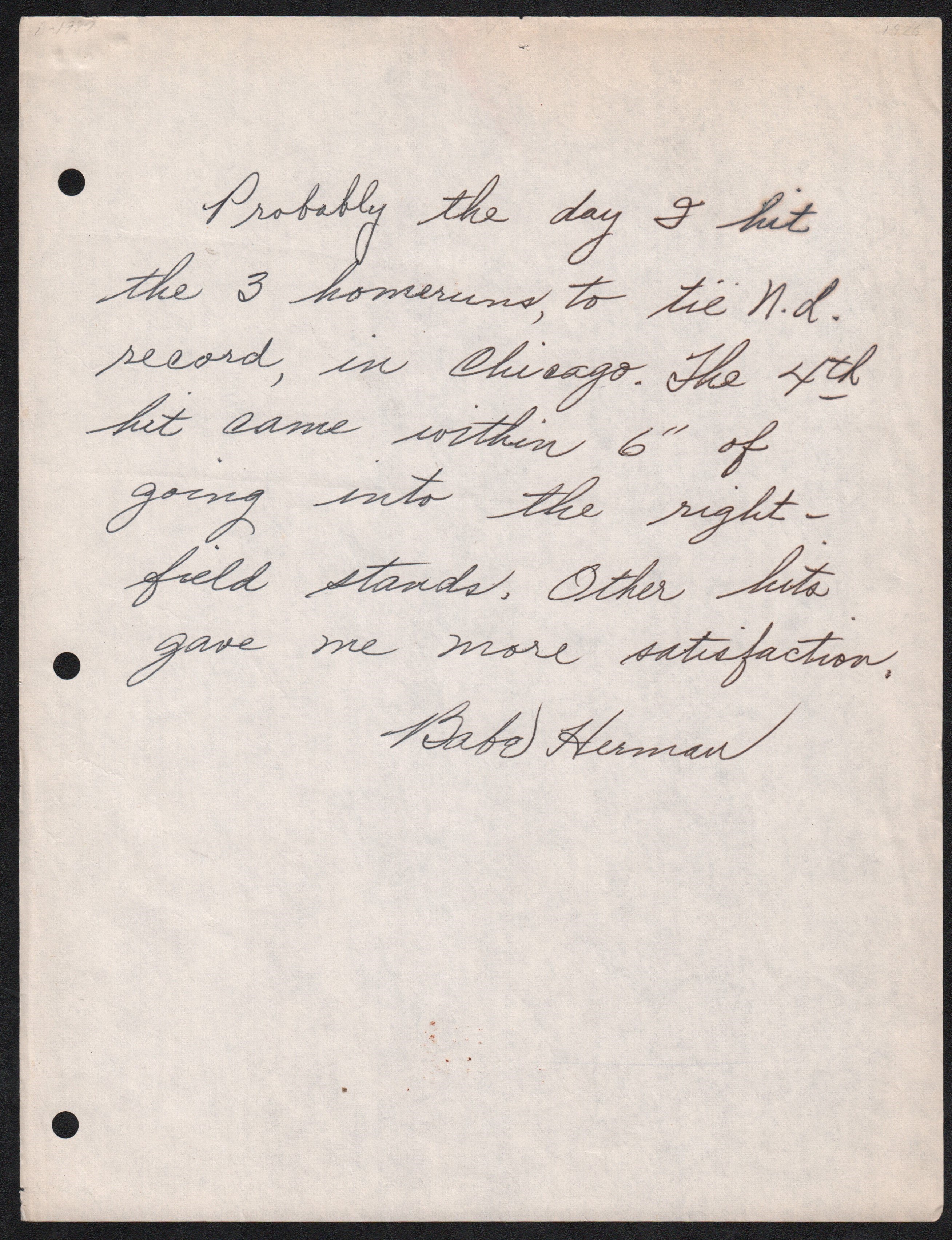Babe Herman Signed Greatest Moment Letter 3-HRs to Tie N.L. Record